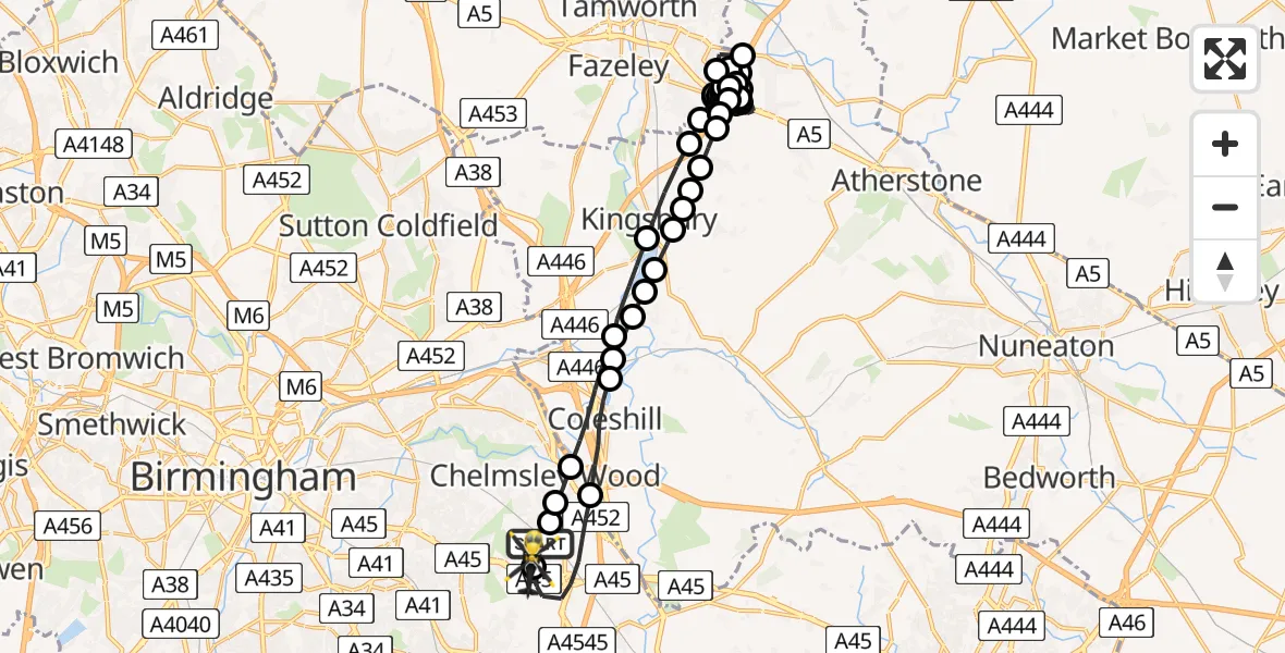 Flight route Police Helicopter Birmingham Airport - Birmingham Airport, 06 July 2026, 03:37