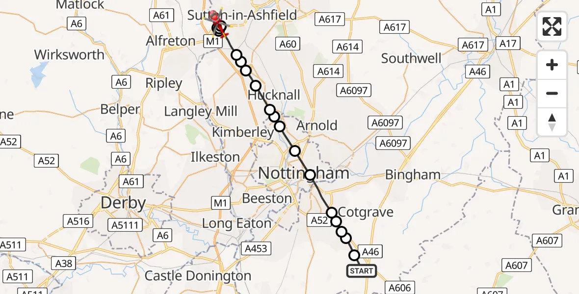 Flight route Air Ambulance Helicopter Widmerpool - Sutton in Ashfield, 06 July 2026, 05:53