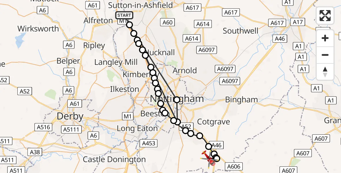 Flight route Air Ambulance Helicopter Bolsover - Widmerpool, 06 July 2026, 06:22