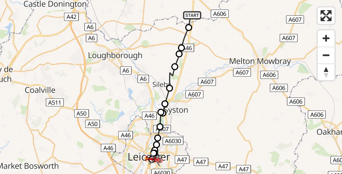 Flight route Air Ambulance Helicopter Willoughby on the Wolds - Highfields, 06 July 2026, 07:15