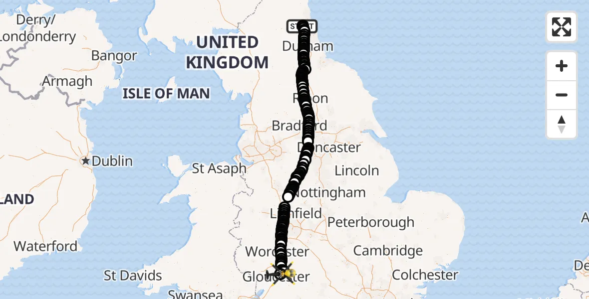 Flight route Police Helicopter Newcastle International Airport - Gloucestershire Airport, 06 July 2026, 07:40