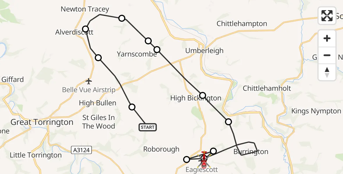Flight route Air Ambulance Helicopter Roborough - Eaglescott Airfield, 06 July 2026, 07:51