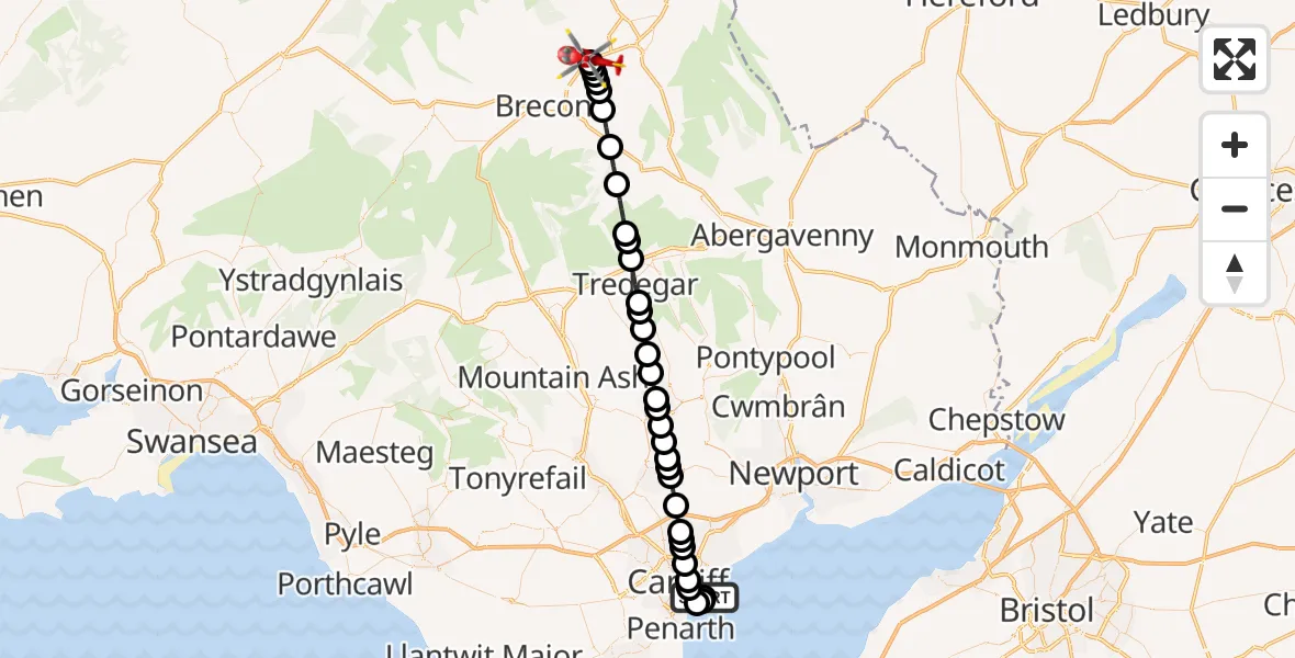 Flight route Air Ambulance Helicopter Cardiff Heliport - Felinfach, 06 July 2026, 08:11