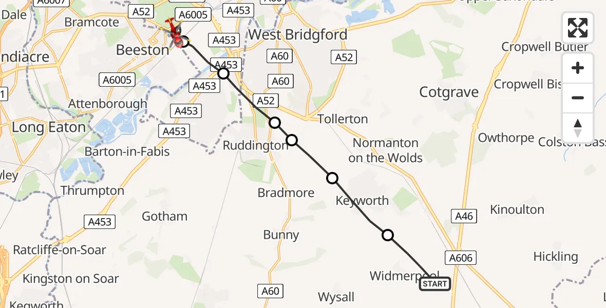 Flight route Air Ambulance Helicopter Widmerpool - Beeston, 06 July 2026, 08:51