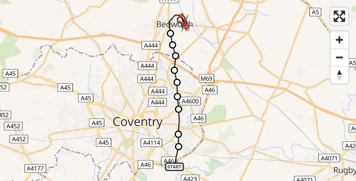 Flight route Air Ambulance Helicopter Coventry Airport - Bedworth, 06 July 2026, 08:52