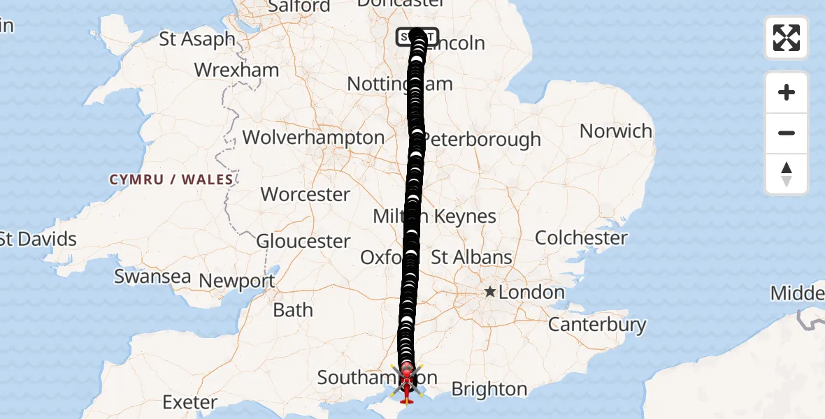 Flight route Air Ambulance Helicopter Retford Gamston Airport - Queen Alexandra Hospital, 06 July 2026, 08:58