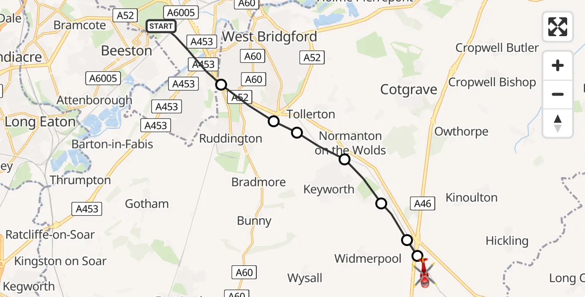Flight route Air Ambulance Helicopter City of Nottingham - Nottingham Heliport, 06 July 2026, 09:06