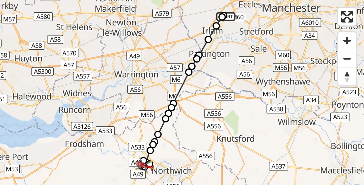 Flight route Air Ambulance Helicopter Manchester Barton Aerodrome - Weaverham, 06 July 2026, 09:11