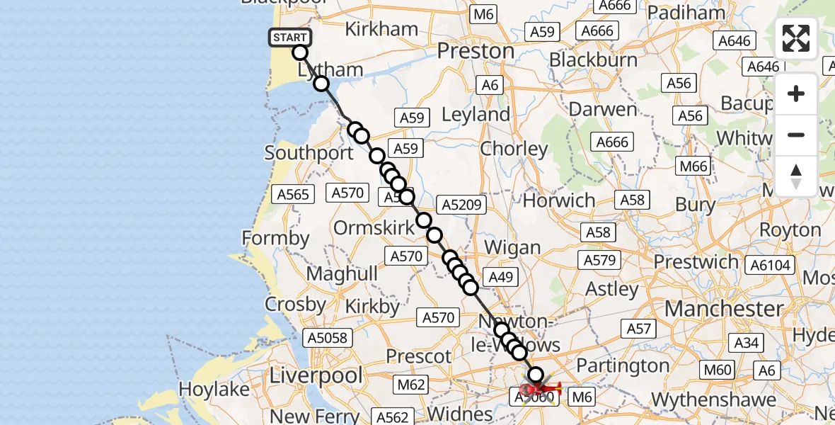 Flight route Air Ambulance Helicopter Blackpool Airport - Warrington, 06 July 2026, 09:11