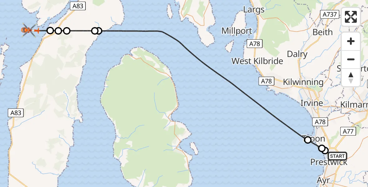 Flight route Coastguard Helicopter Glasgow Prestwick Airport - Inner Seas, 06 July 2026, 09:16