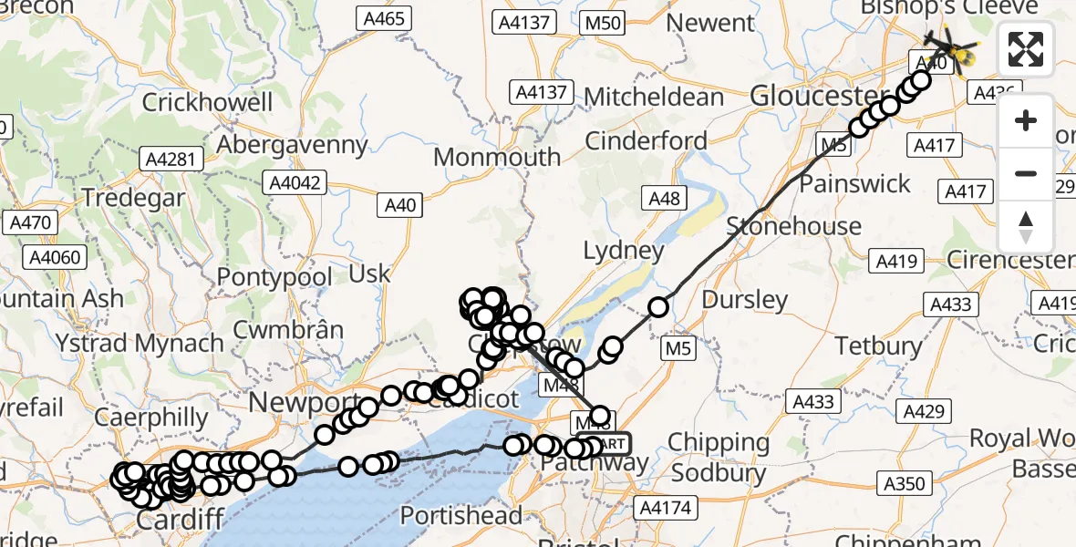 Flight route Police Helicopter Almondsbury Helicopter Base - Cheltenham, 06 July 2026, 09:27