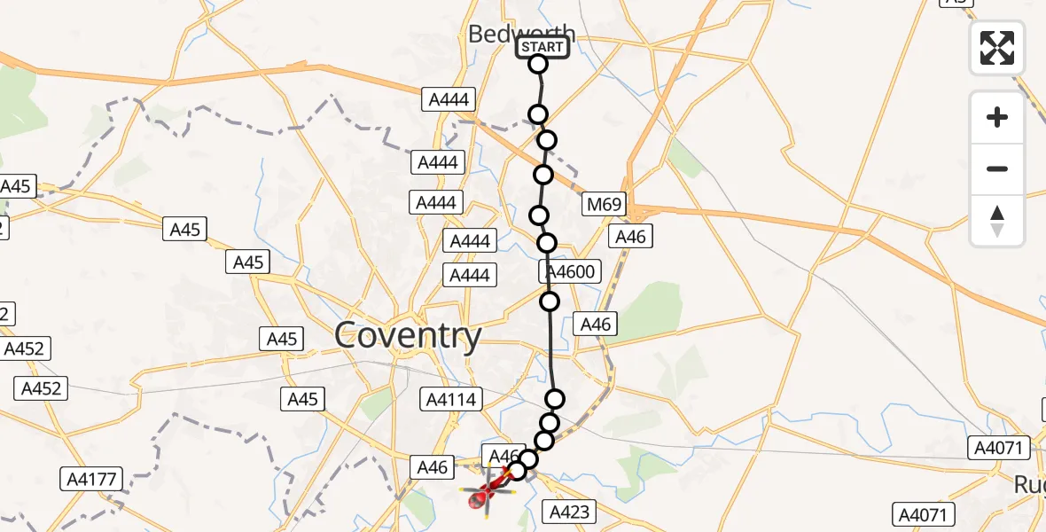 Flight route Air Ambulance Helicopter Bedworth - Coventry Airport, 06 July 2026, 09:29