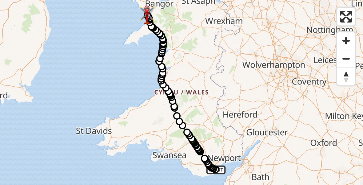 Flight route Air Ambulance Helicopter Cardiff Heliport - Caernarfon Airport, 06 July 2026, 09:46