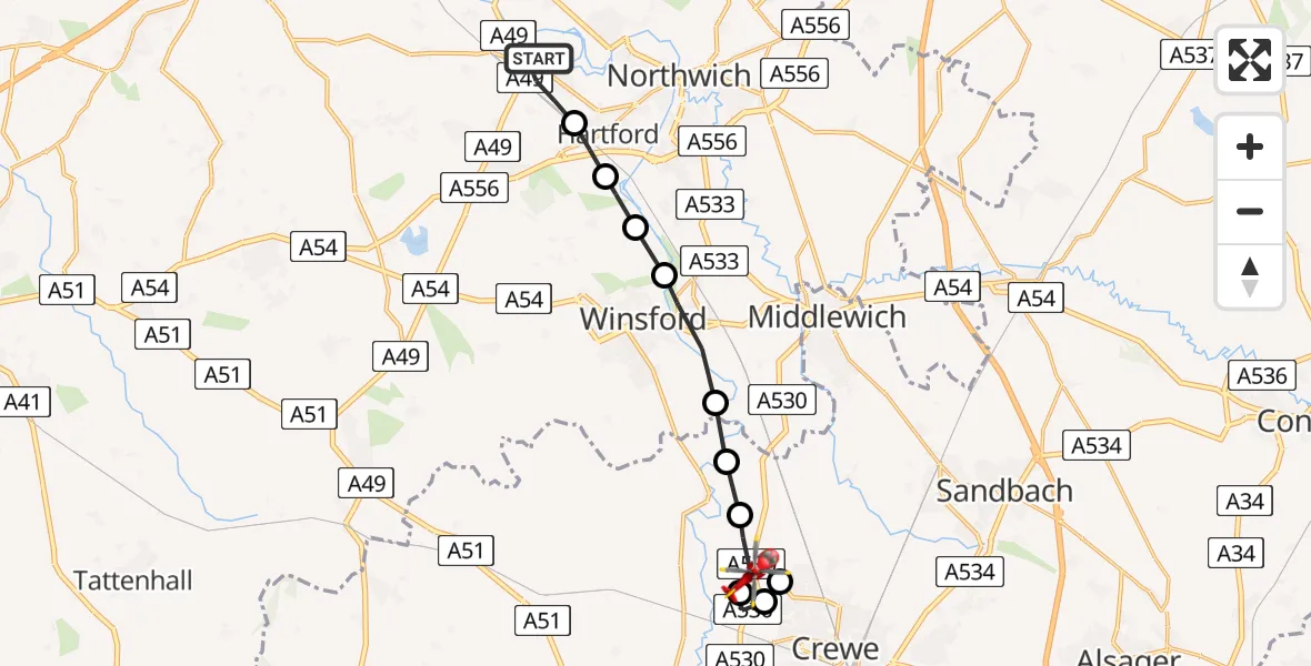 Flight route Air Ambulance Helicopter Weaverham - Bradfield Green, 06 July 2026, 10:07
