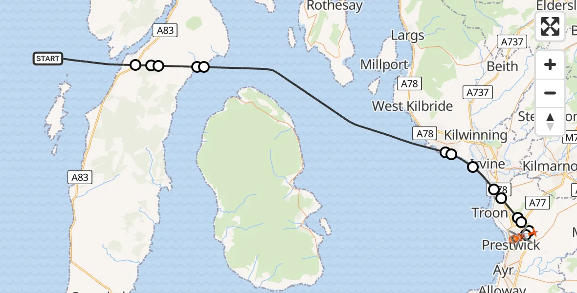 Flight route Coastguard Helicopter Inner Seas - Glasgow Prestwick Airport, 06 July 2026, 10:13