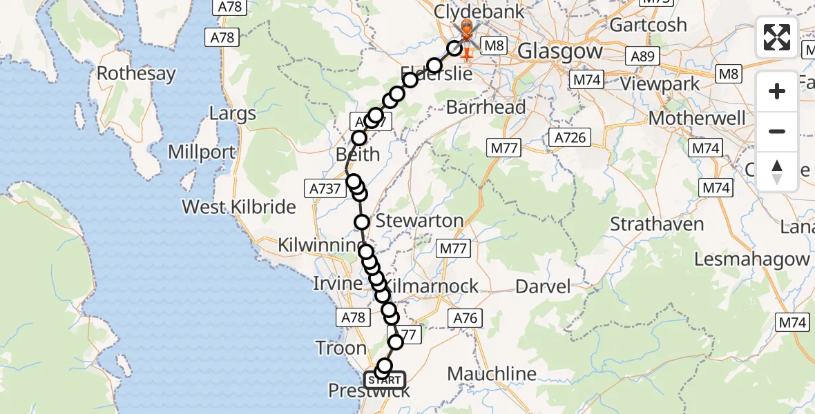 Flight route Coastguard Helicopter Glasgow Prestwick Airport - Glasgow Airport, 06 July 2026, 10:35