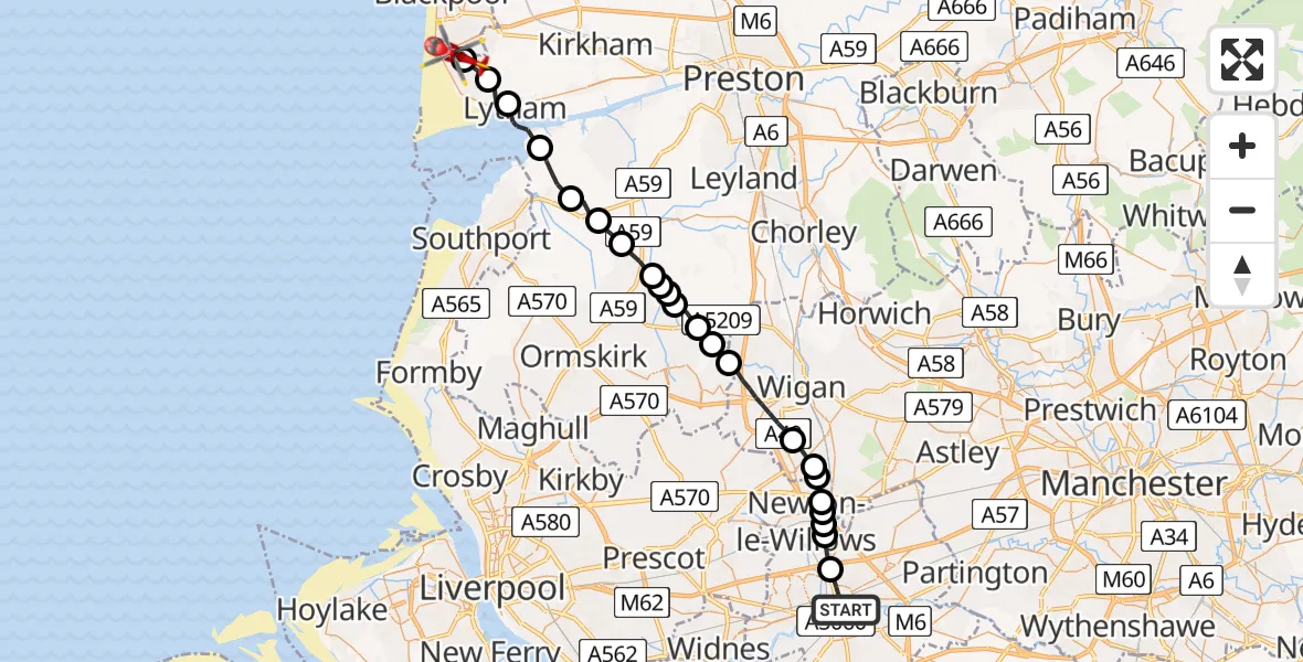 Flight route Air Ambulance Helicopter Warrington - Blackpool Airport, 06 July 2026, 10:44