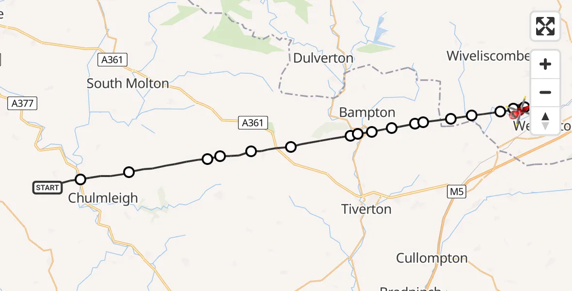 Flight route Air Ambulance Helicopter Burrington - Langford Budville, 06 July 2026, 10:47