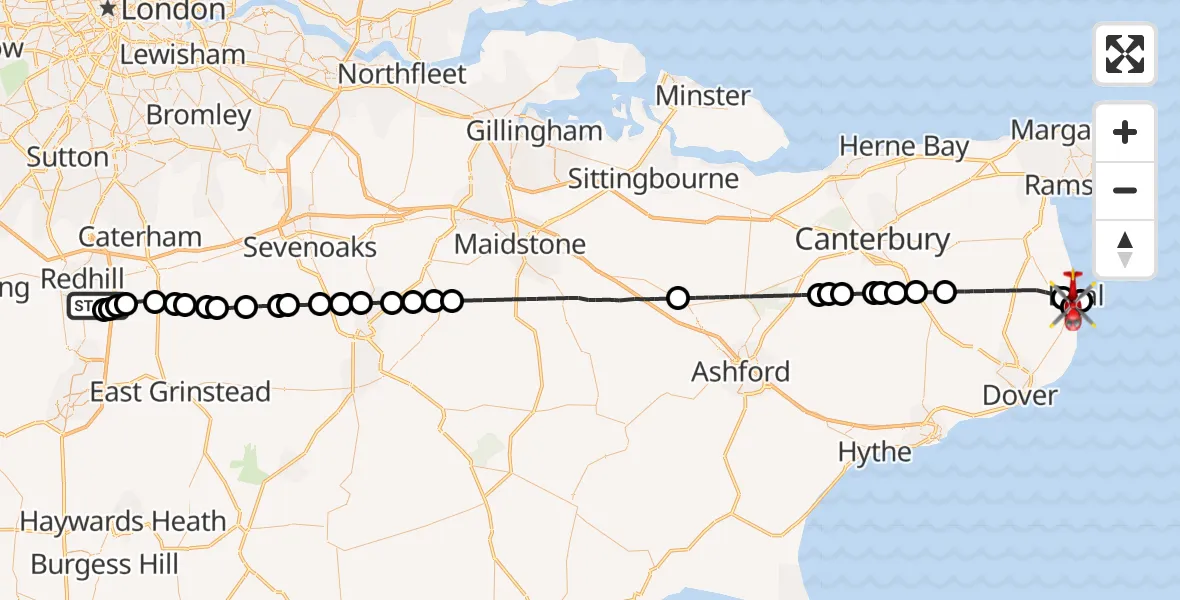 Flight route Air Ambulance Helicopter Redhill Aerodrome - Deal, 06 July 2026, 10:51