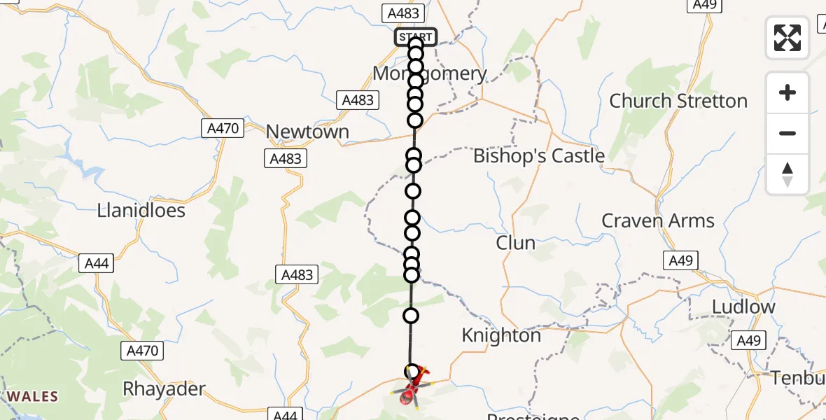 Flight route Air Ambulance Helicopter Caerhowel - Bleddfa, 06 July 2026, 10:53