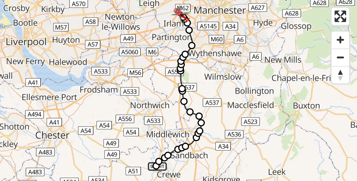 Flight route Air Ambulance Helicopter Crewe - Manchester Barton Aerodrome, 06 July 2026, 10:54