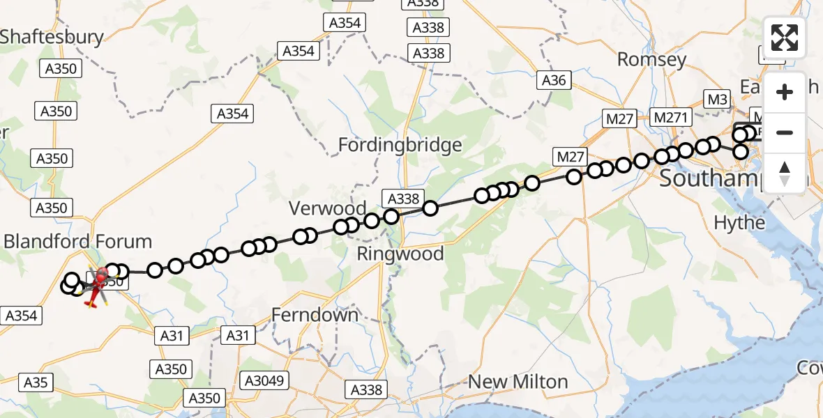Flight route Air Ambulance Helicopter Swaythling - Spetisbury, 06 July 2026, 11:01