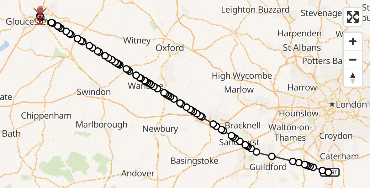 Flight route Air Ambulance Helicopter Redhill Aerodrome - Tewkesbury, 06 July 2026, 11:09