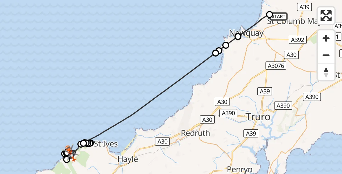 Flight route Coastguard Helicopter Cornwall Airport Newquay - Zennor, 06 July 2026, 11:10