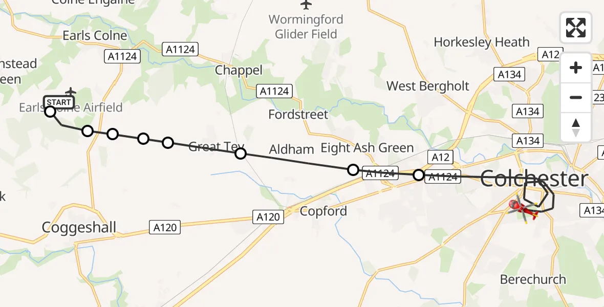 Flight route Air Ambulance Helicopter Earls Colne Airfield - Colchester, 06 July 2026, 11:12