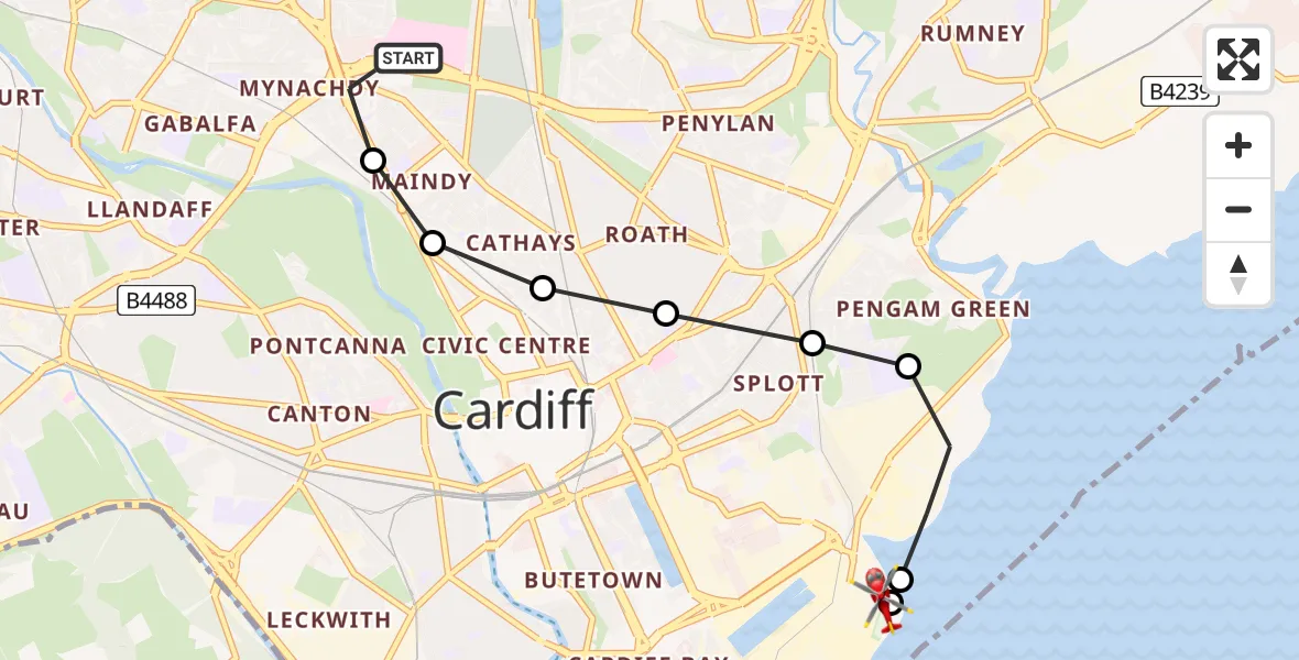 Flight route Air Ambulance Helicopter Birchgrove - Cardiff Heliport, 06 July 2026, 11:19