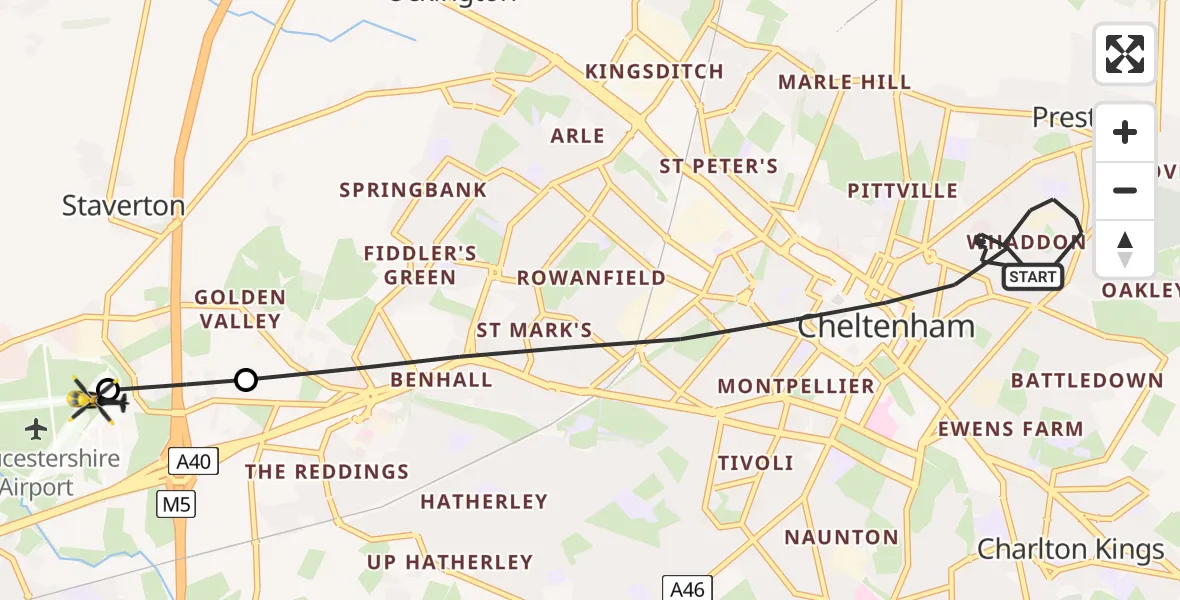 Flight route Police Helicopter Cheltenham - Gloucestershire Airport, 06 July 2026, 11:26