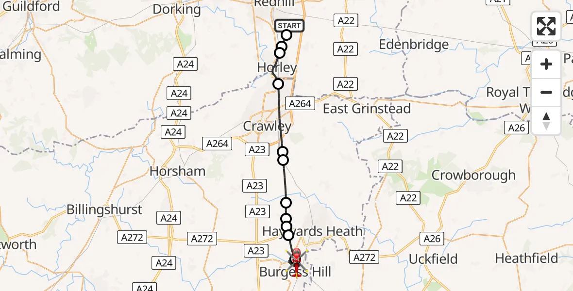Flight route Air Ambulance Helicopter Redhill Aerodrome - Burgess Hill, 06 July 2026, 11:39