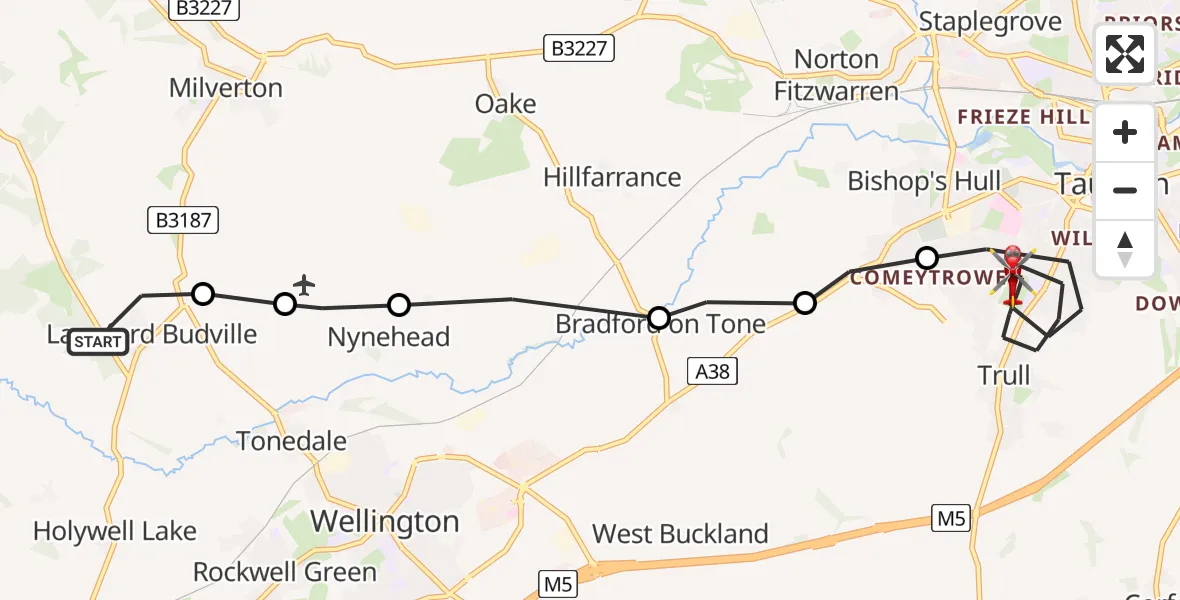 Flight route Air Ambulance Helicopter Langford Budville - Taunton, 06 July 2026, 11:41