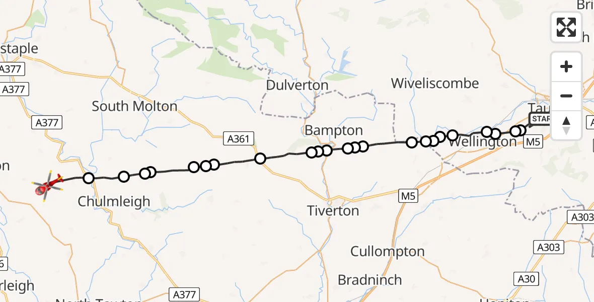 Flight route Air Ambulance Helicopter Taunton - Burrington, 06 July 2026, 11:50