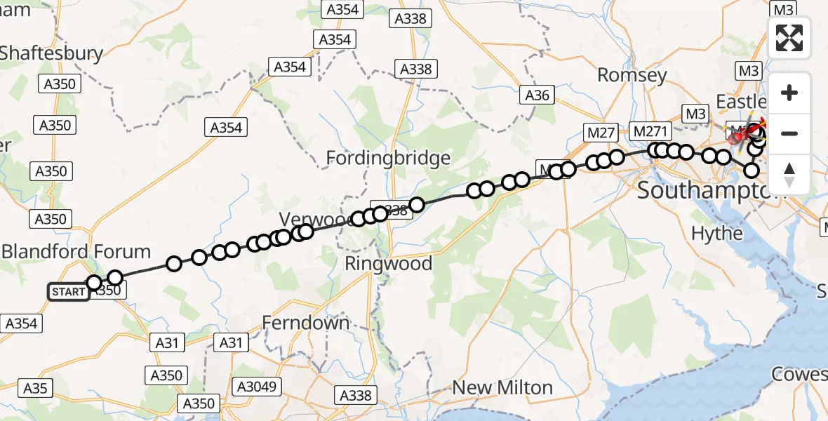 Flight route Air Ambulance Helicopter Charlton Marshall - Southampton Airport, 06 July 2026, 12:03