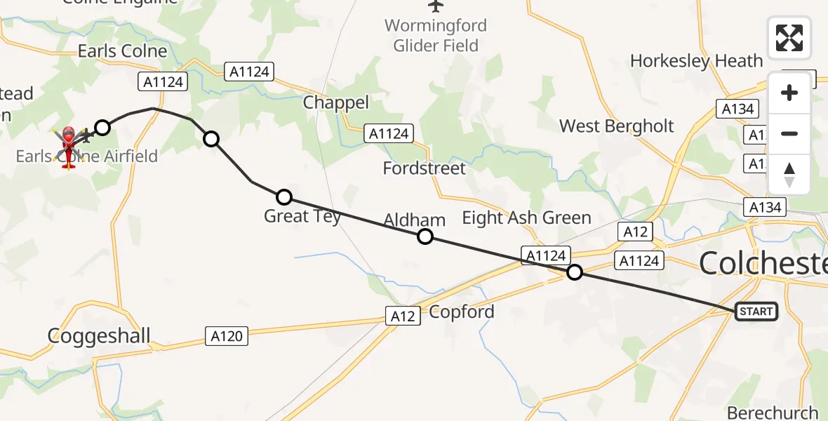 Flight route Air Ambulance Helicopter Colchester - Earls Colne Airfield, 06 July 2026, 12:07