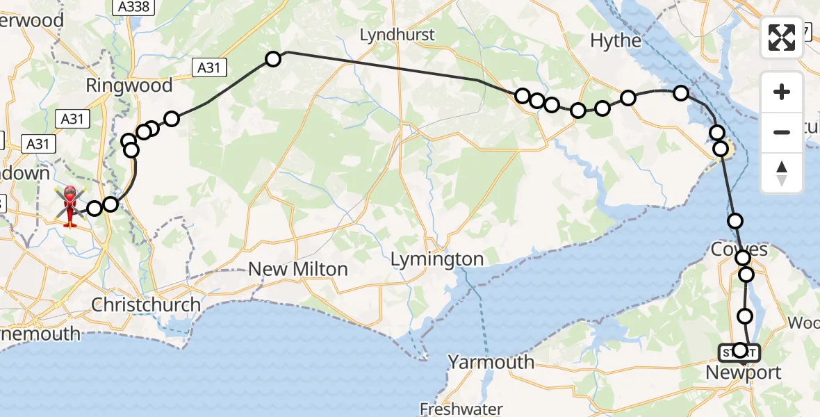 Flight route Air Ambulance Helicopter St Marys Hospital Isle Of Wight - Bournemouth Airport, 06 July 2026, 12:14