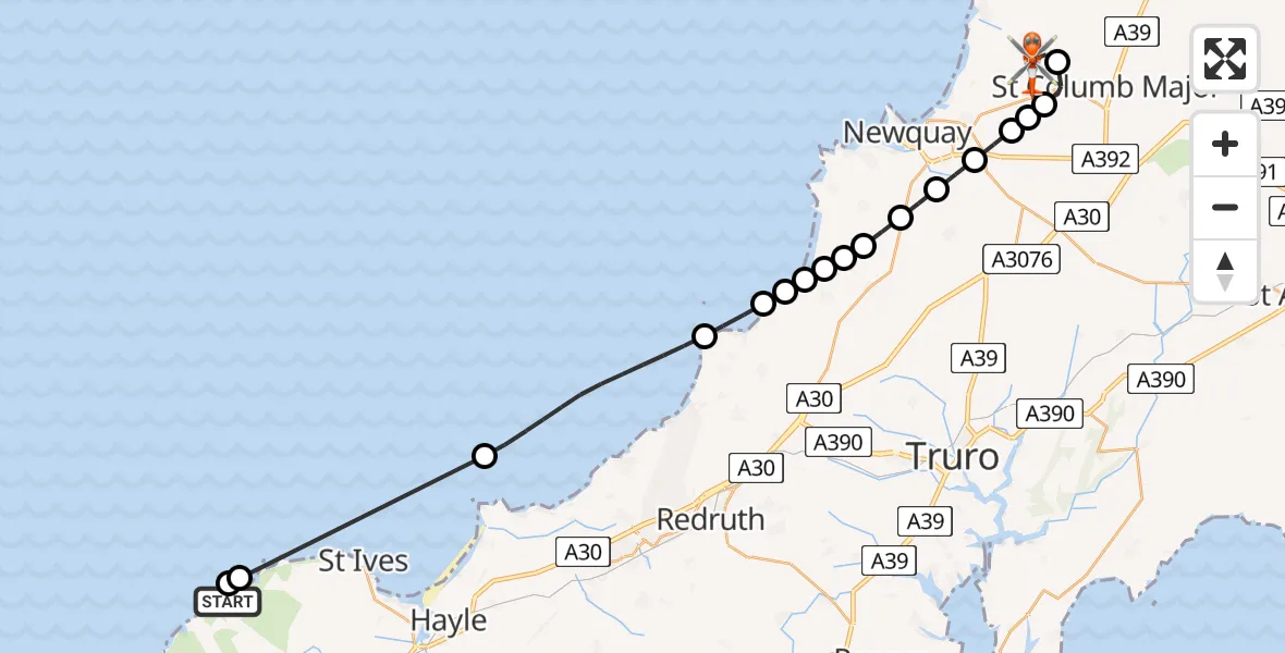 Flight route Coastguard Helicopter Zennor - Cornwall Airport Newquay, 06 July 2026, 12:18