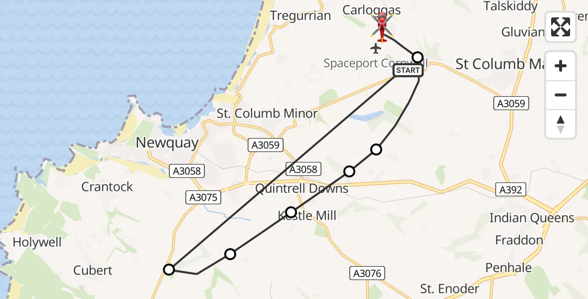 Flight route Air Ambulance Helicopter Cornwall Airport Newquay - Cornwall Airport Newquay, 06 July 2026, 12:22