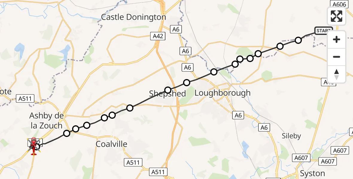 Flight route Air Ambulance Helicopter Willoughby on the Wolds - Ashby-de-la-Zouch, 06 July 2026, 12:29
