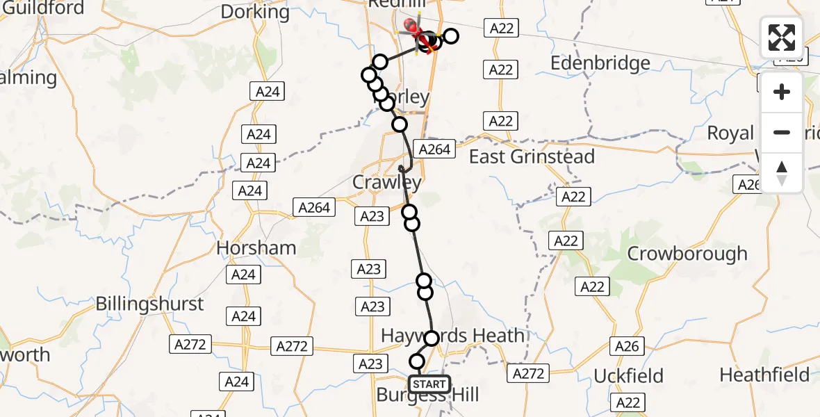 Flight route Air Ambulance Helicopter Burgess Hill - Redhill Aerodrome, 06 July 2026, 12:33