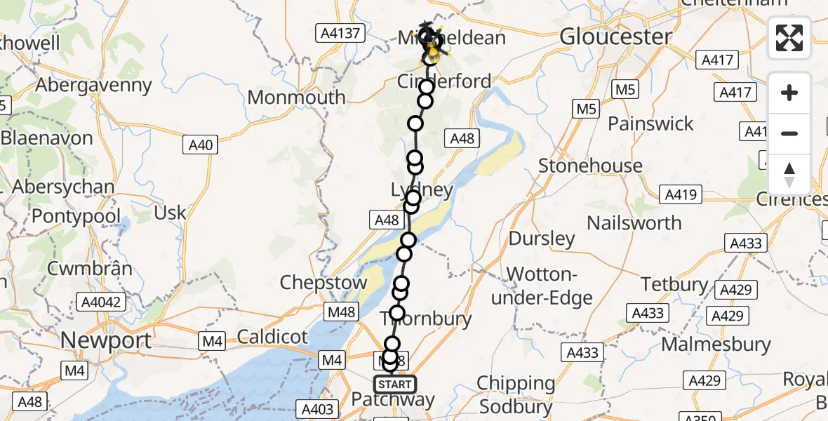 Flight route Police Helicopter Almondsbury - Puddlebrook, 06 July 2026, 12:39
