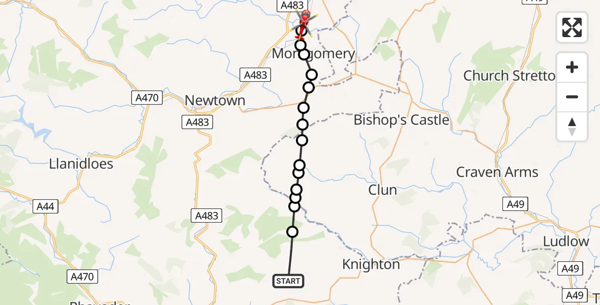 Flight route Air Ambulance Helicopter Llangunllo - Refail, 06 July 2026, 12:57