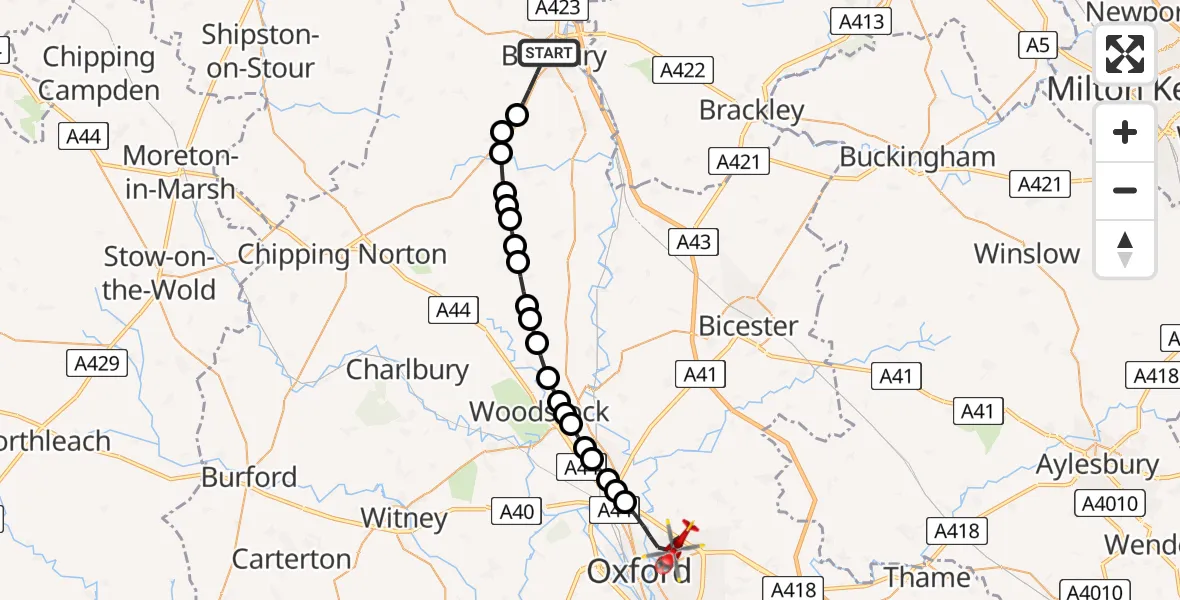 Flight route Air Ambulance Helicopter Banbury - Oxford, 06 July 2026, 13:03