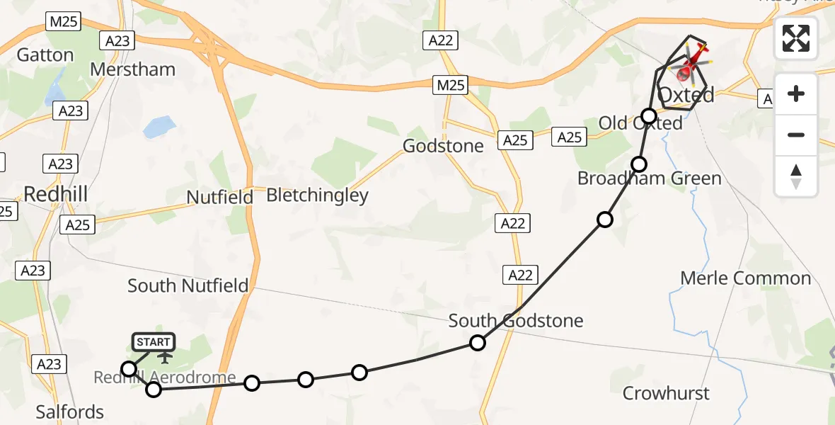 Flight route Air Ambulance Helicopter Redhill Aerodrome - Oxted, 06 July 2026, 13:13