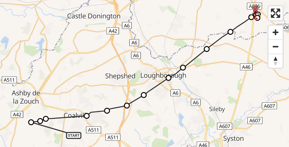 Flight route Air Ambulance Helicopter Donington Le Heath - Hickling, 06 July 2026, 13:14
