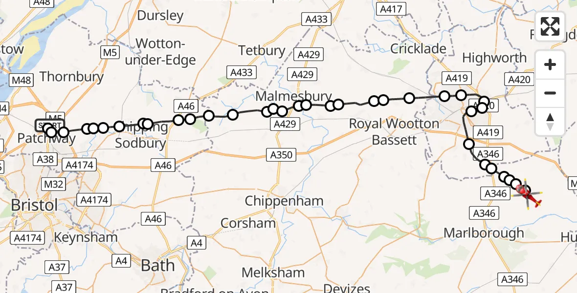 Flight route Air Ambulance Helicopter Almondsbury Helicopter Base - Ramsbury, 06 July 2026, 13:16