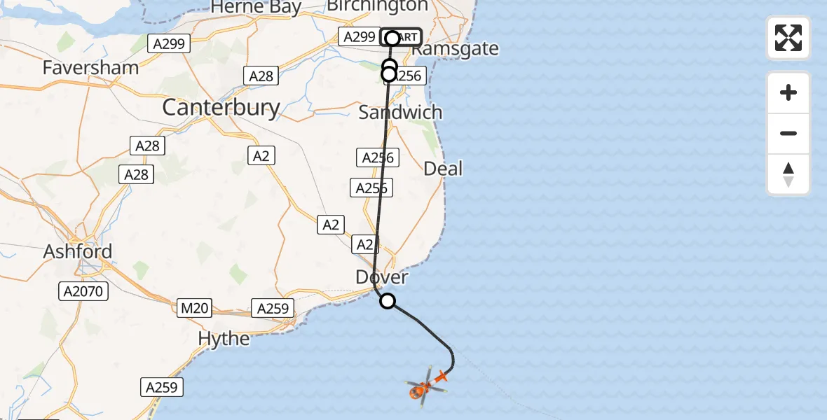 Flight route Coastguard Helicopter Manston Airport - English Channel, 06 July 2026, 13:18