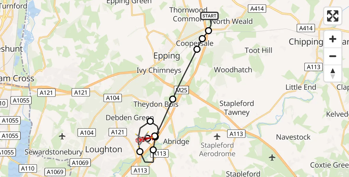 Flight route Air Ambulance Helicopter North Weald Airfield - Chigwell, 06 July 2026, 13:19