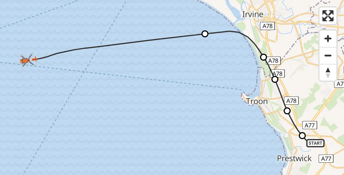 Flight route Coastguard Helicopter Glasgow Prestwick Airport - Inner Seas, 06 July 2026, 13:33
